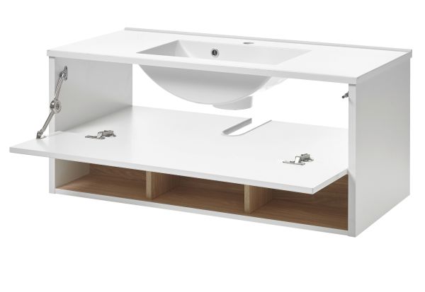 Badm�bel Set Glide in wei� Hochglanz und Eiche mit Waschbecken und LED Beleuchtung 100 x 190 cm