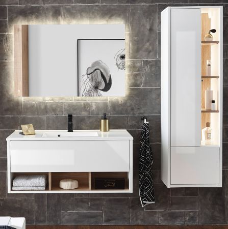 Badm�bel Set Glide in wei� Hochglanz und Eiche mit Waschbecken und LED Beleuchtung 155 x 190 cm