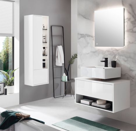 Badezimmer Hochschrank Glide in wei� Hochglanz und grau inkl. Beleuchtung 45 x 150 cm