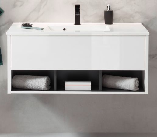 Waschbeckenunterschrank MIT Waschbecken Glide in wei� Hochglanz und grau 100 cm