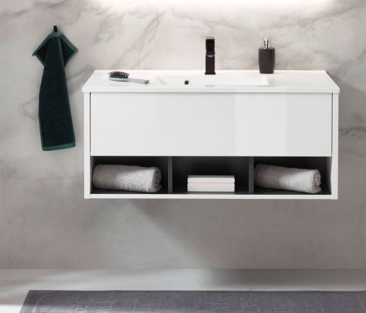 Waschbeckenunterschrank MIT Waschbecken Glide in wei� Hochglanz und grau 100 cm