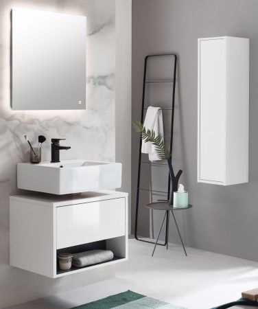 Badm�bel Set 3-teilig Glide in wei� Hochglanz und grau mit LED Beleuchtung 100 x 190 cm