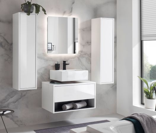 Badm�bel Set 4-teilig Glide in wei� Hochglanz und grau mit LED Beleuchtung 160 x 190 cm