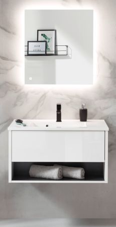 Badm�bel Set Glide in wei� Hochglanz und grau mit Waschbecken und LED Beleuchtung 80 x 190 cm