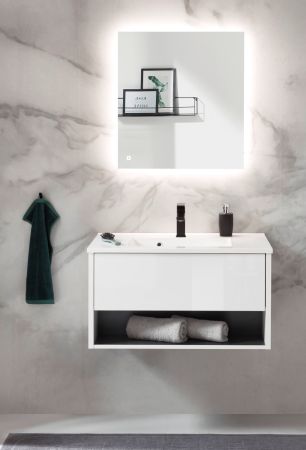Badm�bel Set Glide in wei� Hochglanz und grau mit Waschbecken und LED Beleuchtung 80 x 190 cm