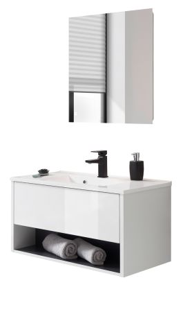 Badm�bel Set Glide in wei� Hochglanz und grau mit Waschbecken und LED Beleuchtung 80 x 190 cm