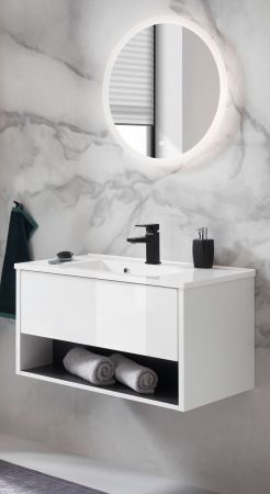 Badm�bel Set Glide in wei� Hochglanz und grau mit Waschbecken und LED Beleuchtung 80 x 190 cm