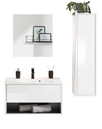 Badm�bel Set Glide in wei� Hochglanz und grau mit Waschbecken und LED Beleuchtung 120 x 190 cm