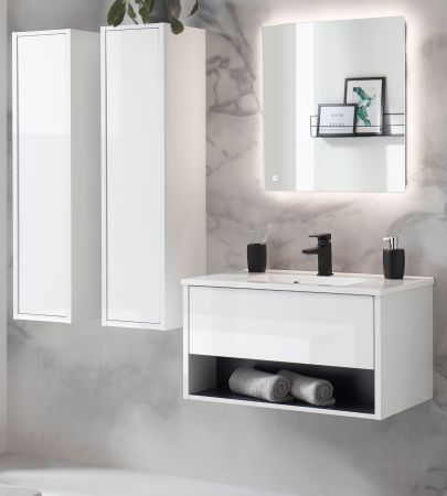 Badm�bel Set Glide in wei� Hochglanz und grau mit Waschbecken und LED Beleuchtung 160 x 190 cm