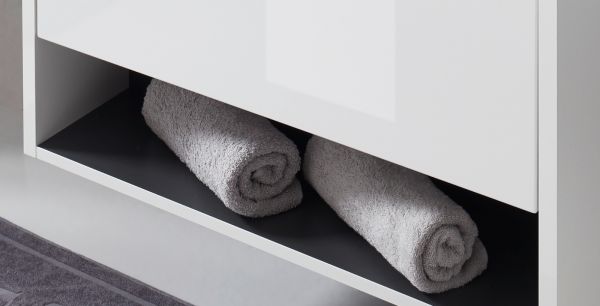 Badm�bel Set Glide in wei� Hochglanz und grau mit Waschbecken und LED Beleuchtung 160 x 190 cm