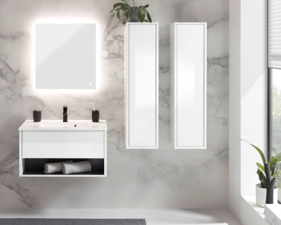 Badm�bel Set Glide in wei� Hochglanz und grau mit Waschbecken und LED Beleuchtung 160 x 190 cm