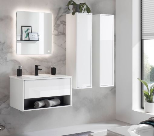 Badm�bel Set Glide in wei� Hochglanz und grau mit Waschbecken und LED Beleuchtung 160 x 190 cm