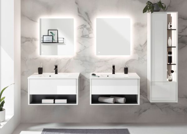 Badm�bel Set Glide in wei� Hochglanz und grau mit Waschbecken und LED Beleuchtung 225 x 190 cm