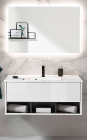 Badm�bel Set Glide in wei� Hochglanz und grau mit Waschbecken und LED Beleuchtung 100 x 190 cm