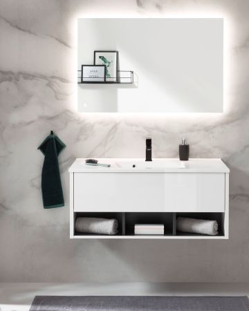 Badm�bel Set Glide in wei� Hochglanz und grau mit Waschbecken und LED Beleuchtung 100 x 190 cm