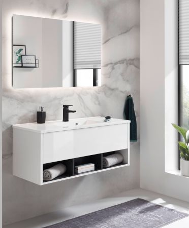 Badm�bel Set Glide in wei� Hochglanz und grau mit Waschbecken und LED Beleuchtung 100 x 190 cm