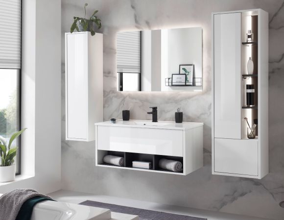 Badm�bel Set Glide in wei� Hochglanz und grau mit Waschbecken und LED Beleuchtung 100 x 190 cm