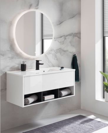 Badm�bel Set Glide in wei� Hochglanz und grau mit Waschbecken und LED Beleuchtung 100 x 190 cm