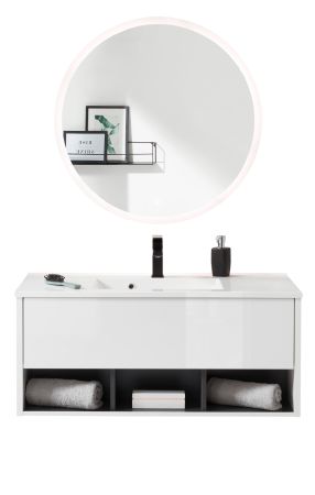 Badm�bel Set Glide in wei� Hochglanz und grau mit Waschbecken und LED Beleuchtung 100 x 190 cm