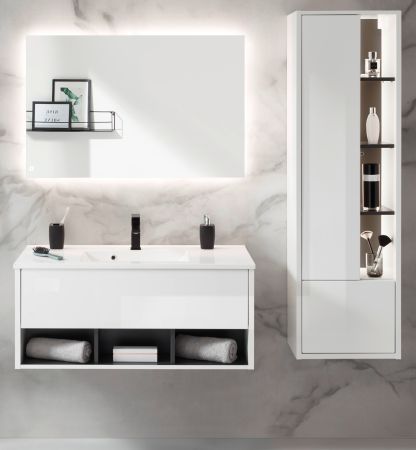 Badm�bel Set Glide in wei� Hochglanz und grau mit Waschbecken und LED Beleuchtung 155 x 190 cm