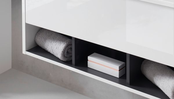Badm�bel Set Glide in wei� Hochglanz und grau mit Waschbecken und LED Beleuchtung 195 x 190 cm