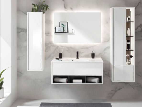 Badm�bel Set Glide in wei� Hochglanz und grau mit Waschbecken und LED Beleuchtung 195 x 190 cm