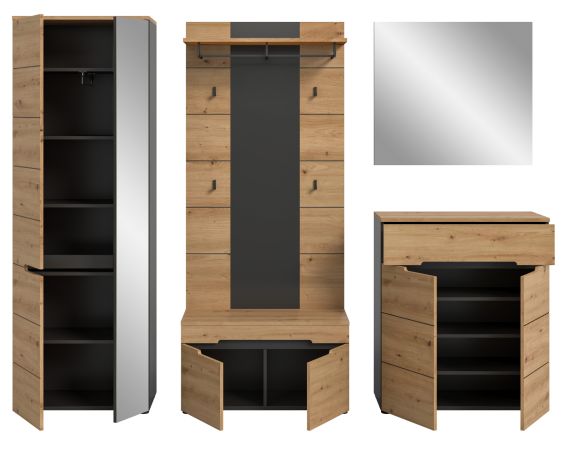 Garderobe Set 5-teilig Cooper in Artisan Eiche und grau 255 cm, Soft-Close