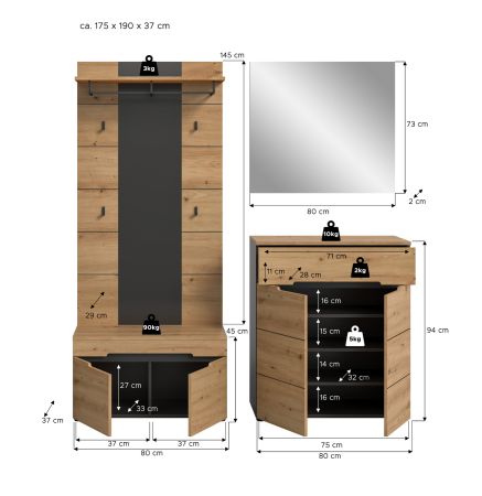 Garderobe Set 4-teilig Cooper in Artisan Eiche und grau 175 cm, Soft-Close