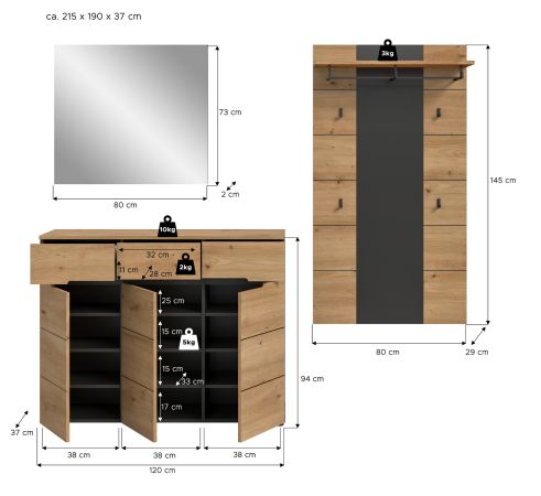 Garderobe Set 3-teilig Cooper in Artisan Eiche und grau 215 cm, Soft-Close