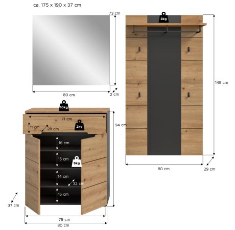 Garderobe Set 3-teilig Cooper in Artisan Eiche und grau 175 cm, Soft-Close