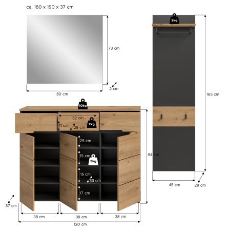 Garderobe Set 3-teilig Cooper in Artisan Eiche und Grau 180 cm, Soft-Close