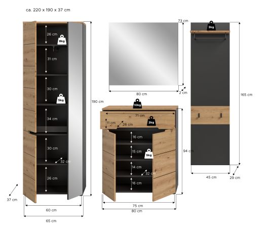 Garderobe Set 4-teilig Cooper in Artisan Eiche und Basalt Grau 220 cm, Soft-Close