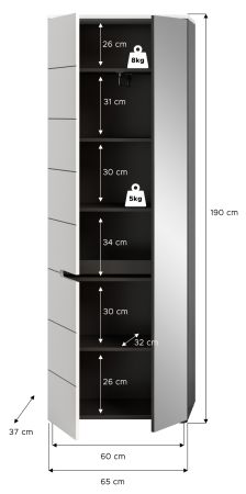 Garderobenschrank Cooper in Wei� und Grau 65 x 190 cm mit variabler Inneneinteilung, Soft-Close