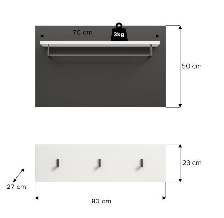 Garderobenpaneel Cooper Wei� und Grau, Set 2-teilig mit Hakenleiste 80 cm
