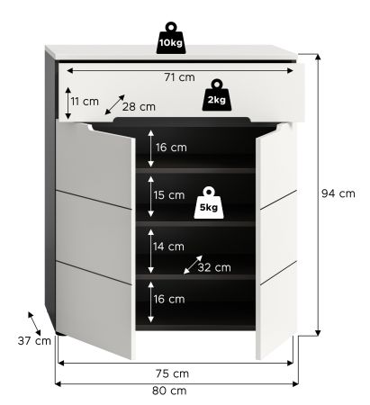 Schuhkommode Cooper in Wei� und Basalt Grau, Flurkommode 80 x 94 cm mit Soft-Close