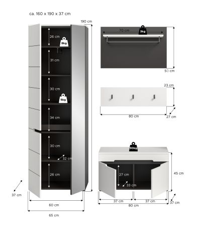 Garderobe Set 4-teilig Cooper in Wei� und Basalt Grau 160 cm, Soft-Close
