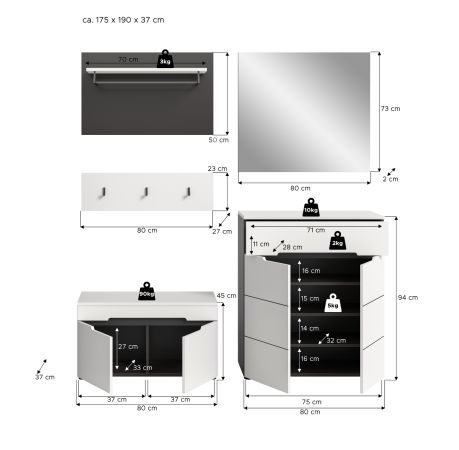 Garderobe Set 5-teilig Cooper Wei� und Basalt Grau 175 cm, Soft-Close