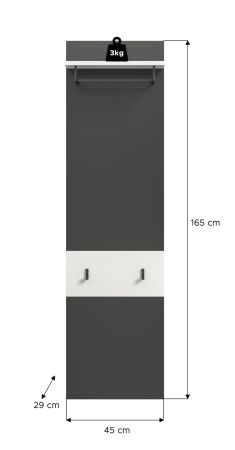Garderobenpaneel Cooper in Basalt Grau und Wei�, Wandgarderobe 45 x 165 cm