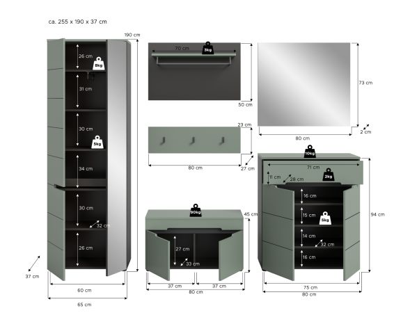 Garderobe Set 6-teilig Cooper in Salbei Gr�n und Basalt Grau, Komplett-Set mit Soft-Close