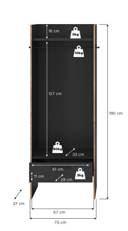 Garderobe Salud in grau und Nox Eiche Kompaktgarderobe 70 x 189 cm