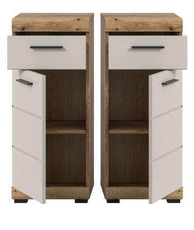 Badezimmer Kommode Shawn in Sand Kashmir und Evoke Eiche Badschrank 37 x 88 cm