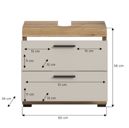 Waschbeckenunterschrank Shawn in Sand Kashmir und Evoke Eiche Badezimmer Unterschrank 60 cm