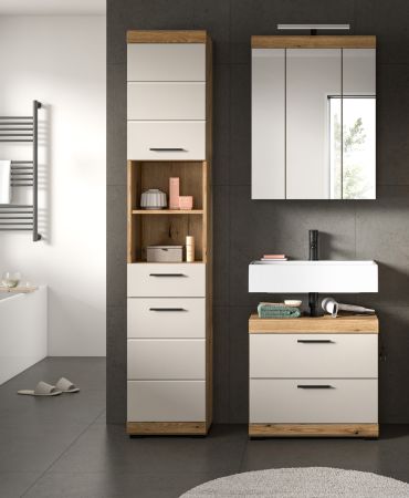 Waschbeckenunterschrank Shawn in Sand Kashmir und Evoke Eiche Badezimmer Unterschrank 60 cm