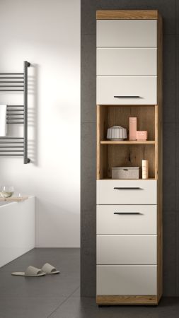 Badezimmer Hochschrank Shawn in Sand Kashmir und Evoke Eiche Badschrank 37 x 191 cm