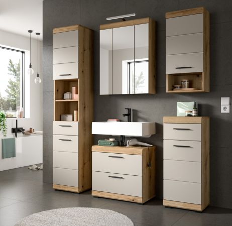 Badezimmer Hochschrank Shawn in Sand Kashmir und Evoke Eiche Badschrank 37 x 191 cm