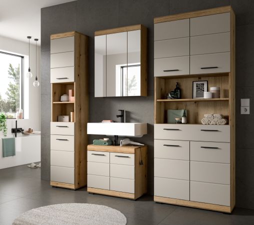 Badezimmer Hochschrank Shawn in Sand Kashmir und Evoke Eiche Badschrank 74 x 191 cm