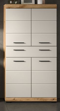 Badezimmer Midischrank Shawn in Sand Kashmir und Evoke Eiche Badschrank 74 x 141 cm