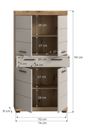 Badezimmer Midischrank Shawn in Sand Kashmir und Evoke Eiche Badschrank 74 x 141 cm