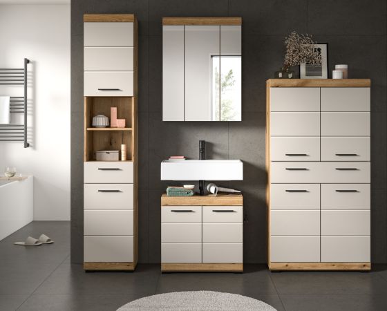 Badezimmer Midischrank Shawn in Sand Kashmir und Evoke Eiche Badschrank 74 x 141 cm