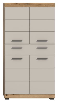 Badezimmer Midischrank Shawn in Sand Kashmir und Evoke Eiche Badschrank 74 x 141 cm